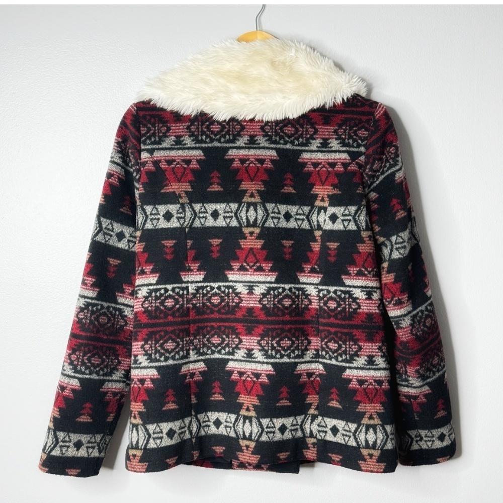 Ella Moss Anthropologie Coat Southwestern Motif Faux Fur Collar Winter Black - Picture 3 of 16